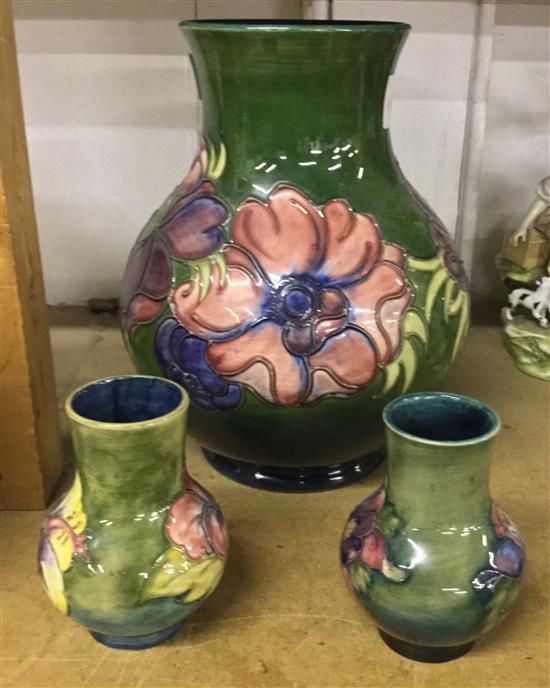 Moorcroft anemone vase and two other vases